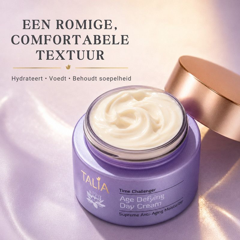 Verpakking van dagcrème van Talia, met opschrift 'Age Defying Day Cream'.