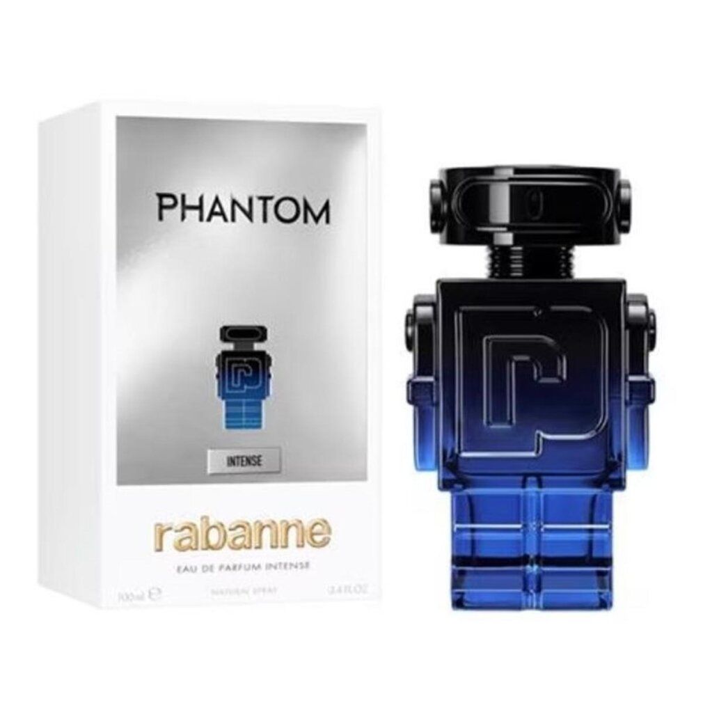 Flacon bleu-noir en forme de robot et emballage. Inscription : Phantom Intense, Rabanne Eau de Parfum Intense.