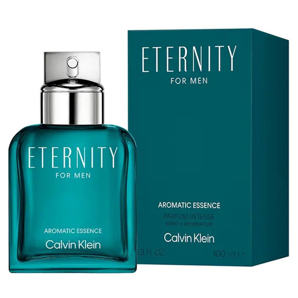 Flacon et boîte turquoise. Inscription : Eternity for Men, Aromatic Essence, Calvin Klein. Flacon avec bouchon argenté.