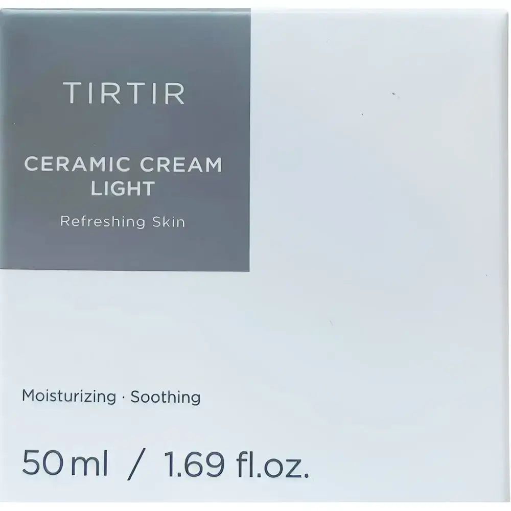 Emballage TIRTIR Ceramic Cream Light. Boîte blanche avec informations. Texte: TIRTIR, CERAMIC CREAM LIGHT, 50ml / 1.69 fl.oz.