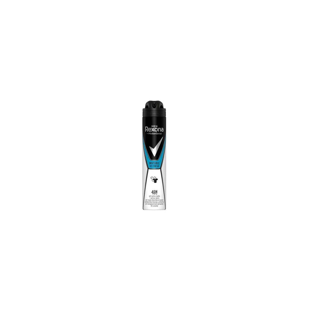 Rexona Invisible Ice Fresh deodorant voor mannen. Zwart, wit en blauwe spuitbus. 48u anti-transpirant. Logo en productnaam zichtbaar.