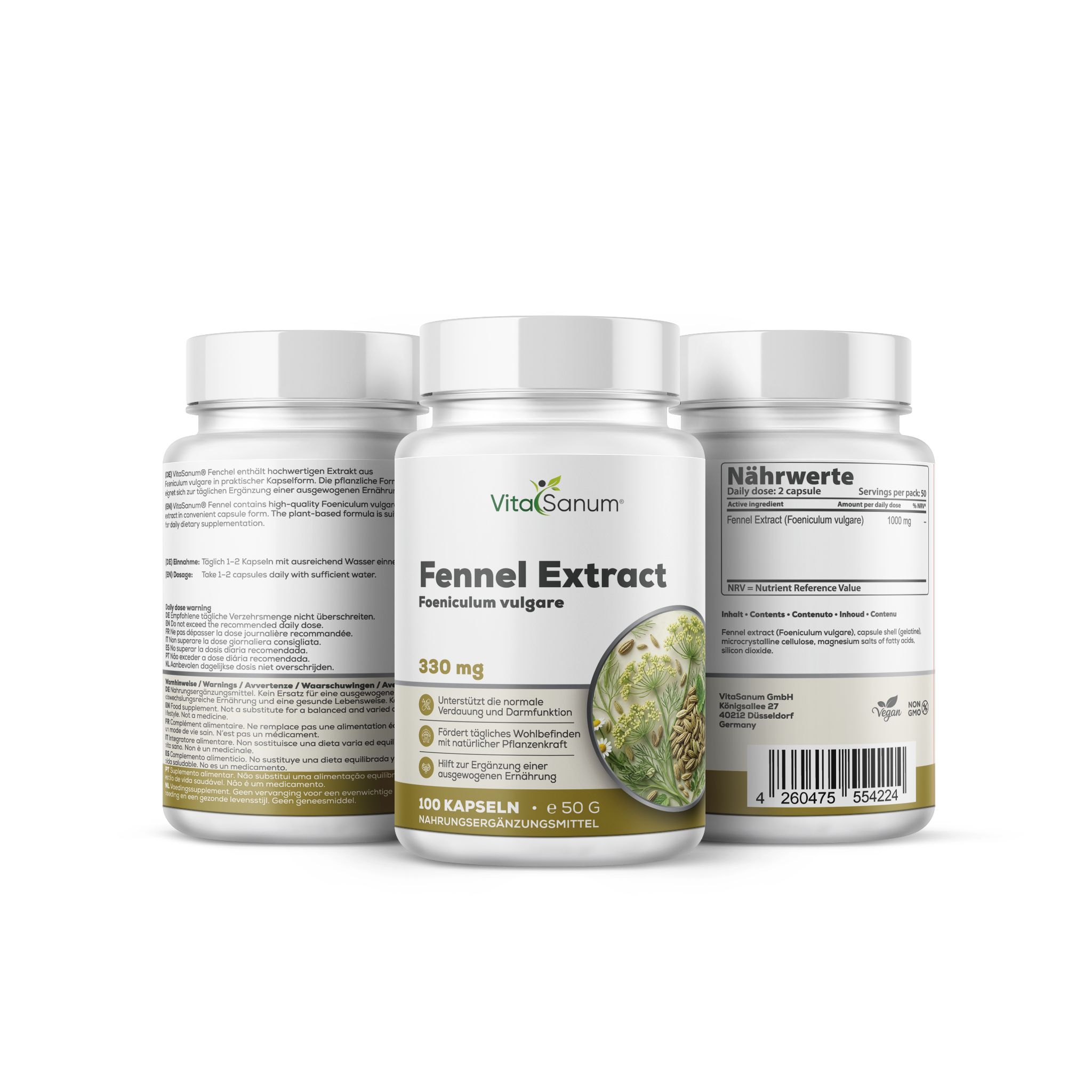 VitaSanum Venkel Extract Capsules: Drie containers, één vooraan met etiket, twee achteraan. 100 capsules.