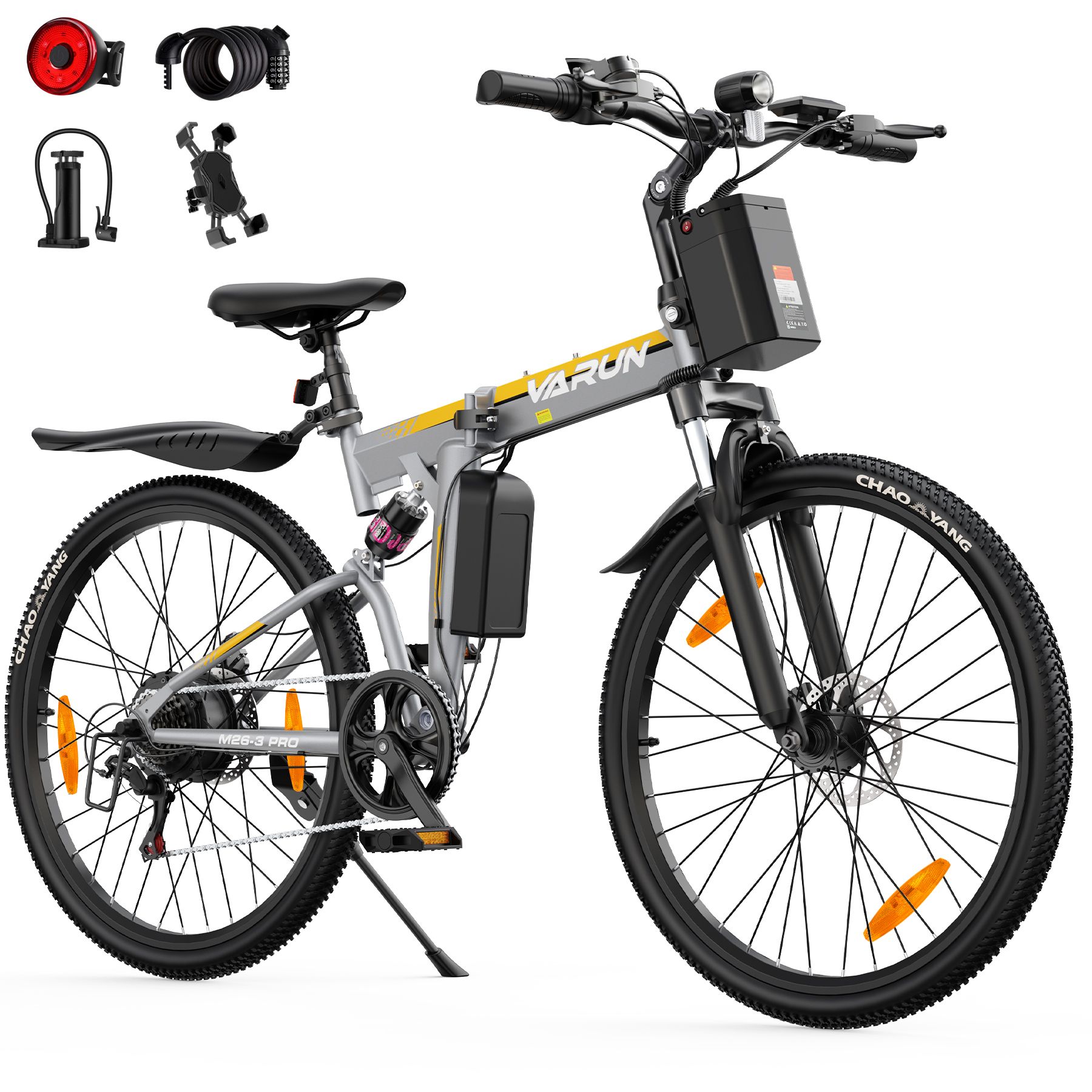 Vélo électrique pliable gris-jaune. Pneus, selle, guidon noirs. Logo VARUN. Marque pneu: CHAOYANG.