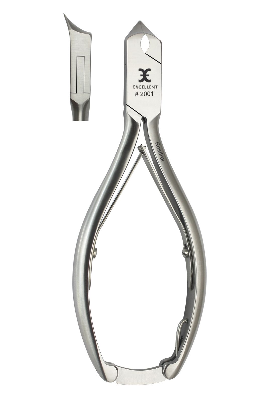 Nagelknipper van roestvrij staal. Gebogen handgrepen, puntig snijvlak. Opschrift: Excellent, #2001, Rostfrei. Losse punt.