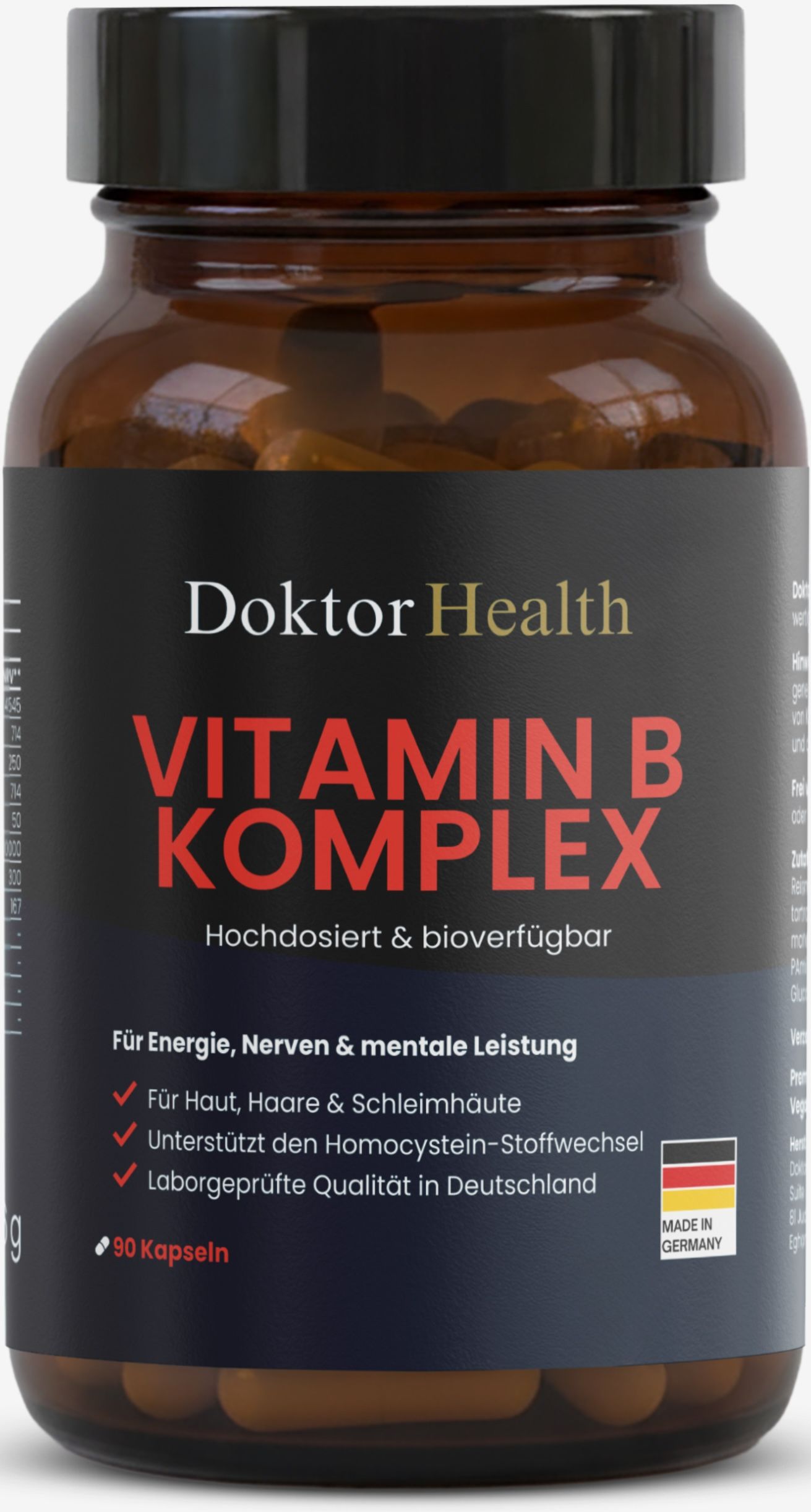 Flacon en verre brun de gélules Vitamin B Komplex. Inscription : Doktor Health, Vitamin B Komplex. 90 gélules. Fabriqué en Allemagne.