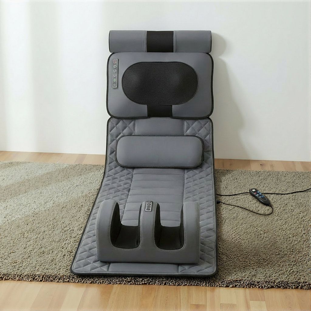 Grijze massage mat met hoofd-, rug- en voetsteun. Afstandsbediening. Op een tapijt.