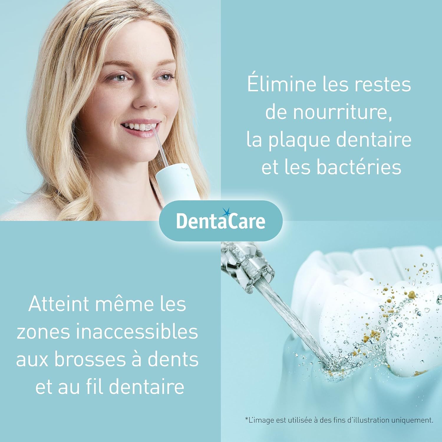 Femme utilisant un hydropulseur; élimine restes de nourriture, plaque, bactéries.