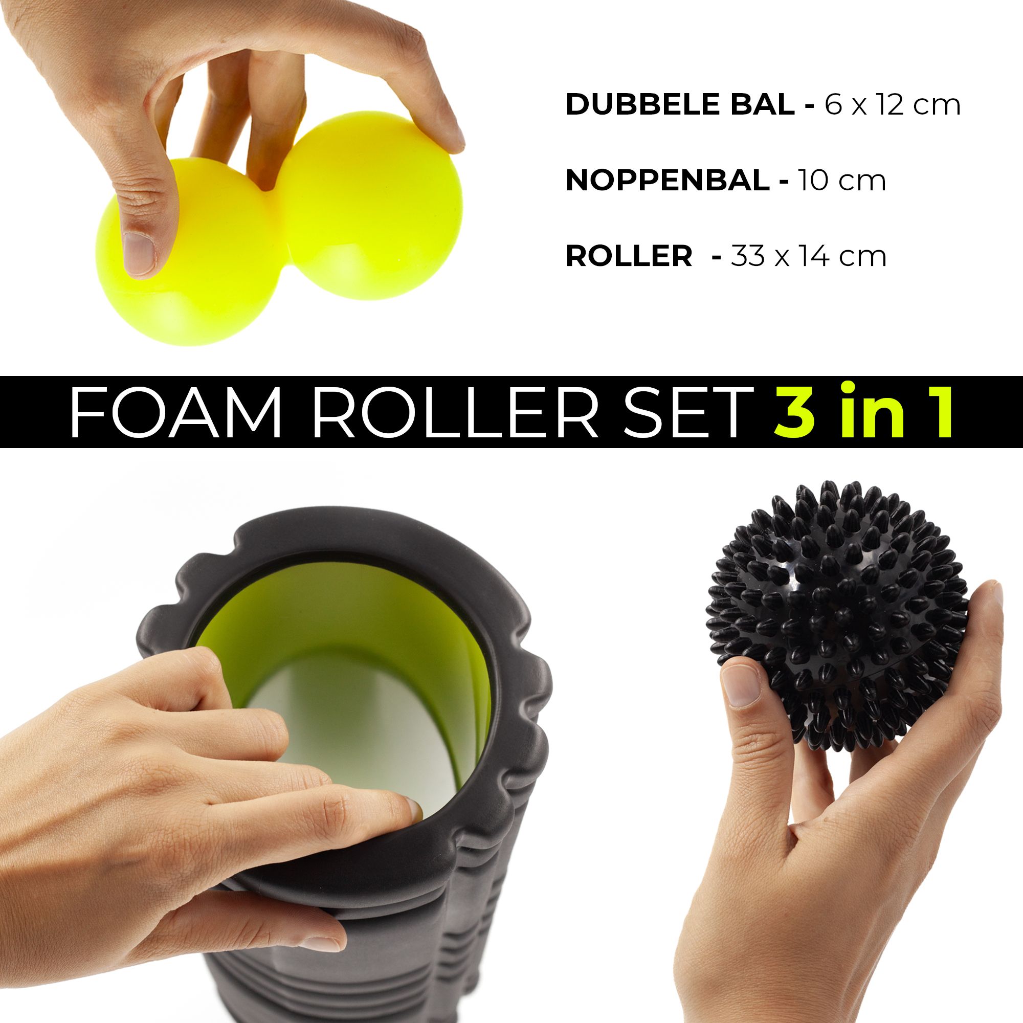 Fascia roller set 3-in-1: Duoball, stekelbal, roller. Afmetingen zichtbaar.