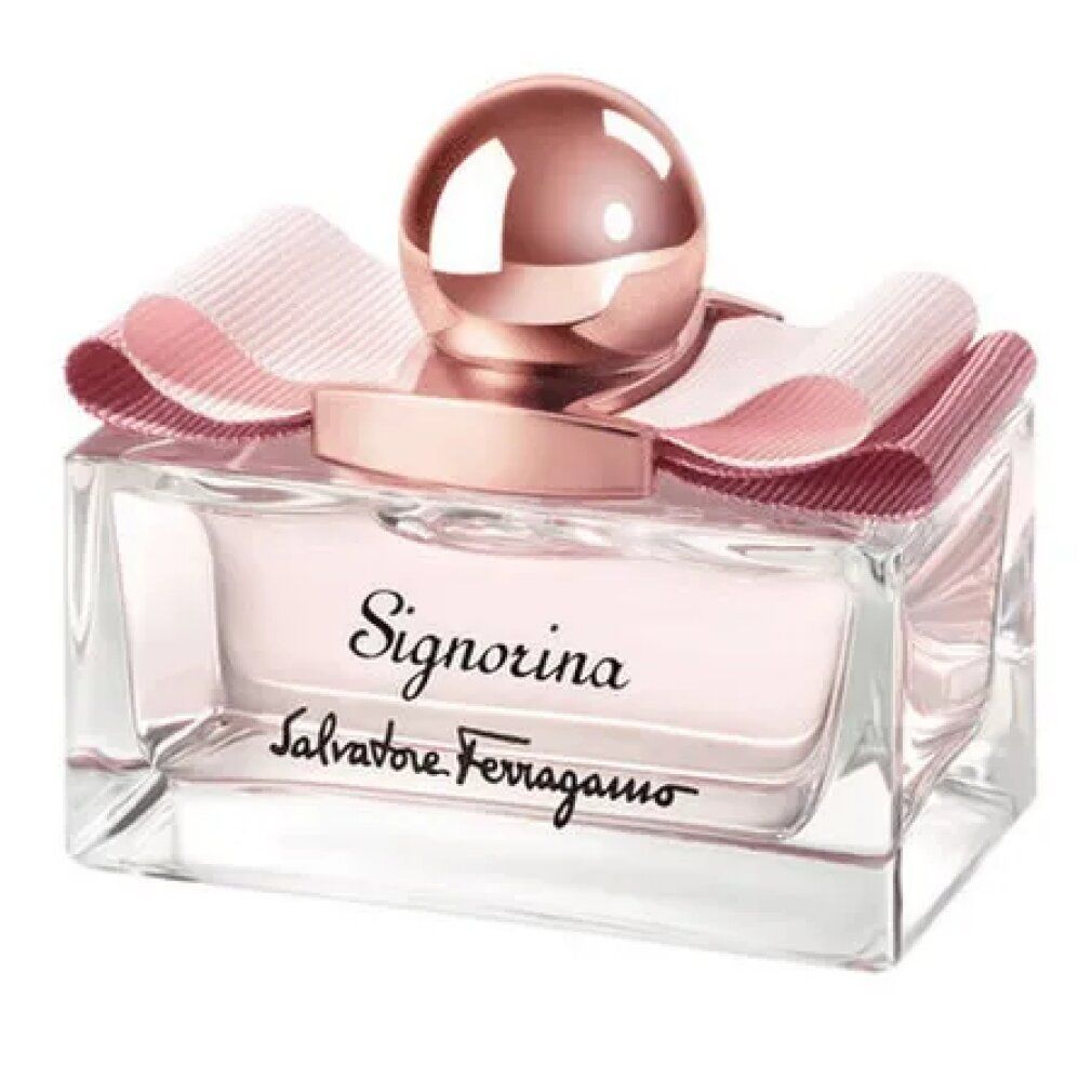 Flacon rectangulaire avec liquide rose. Ruban rose et bouchon doré. Inscription Signorina et Salvatore Ferragamo.