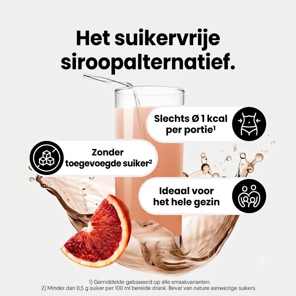 Suikervrij siroopalternatief met bloedsinaasappel, 1 kcal per portie.