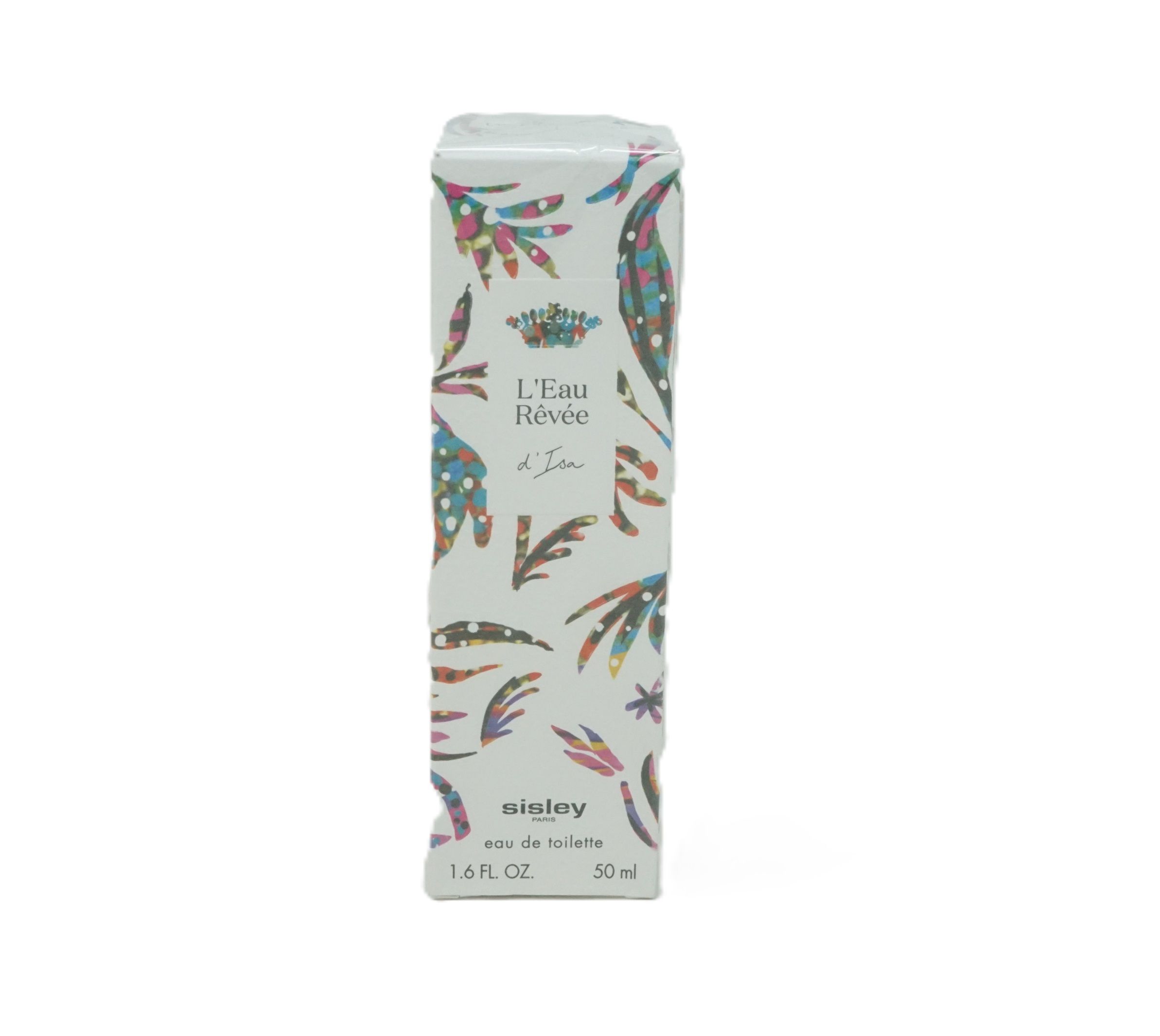 Boîte parfum Sisley L'Eau Rêvée d'Isa, motif floral. Inscription: 1.6 FL. OZ., 50 ml.