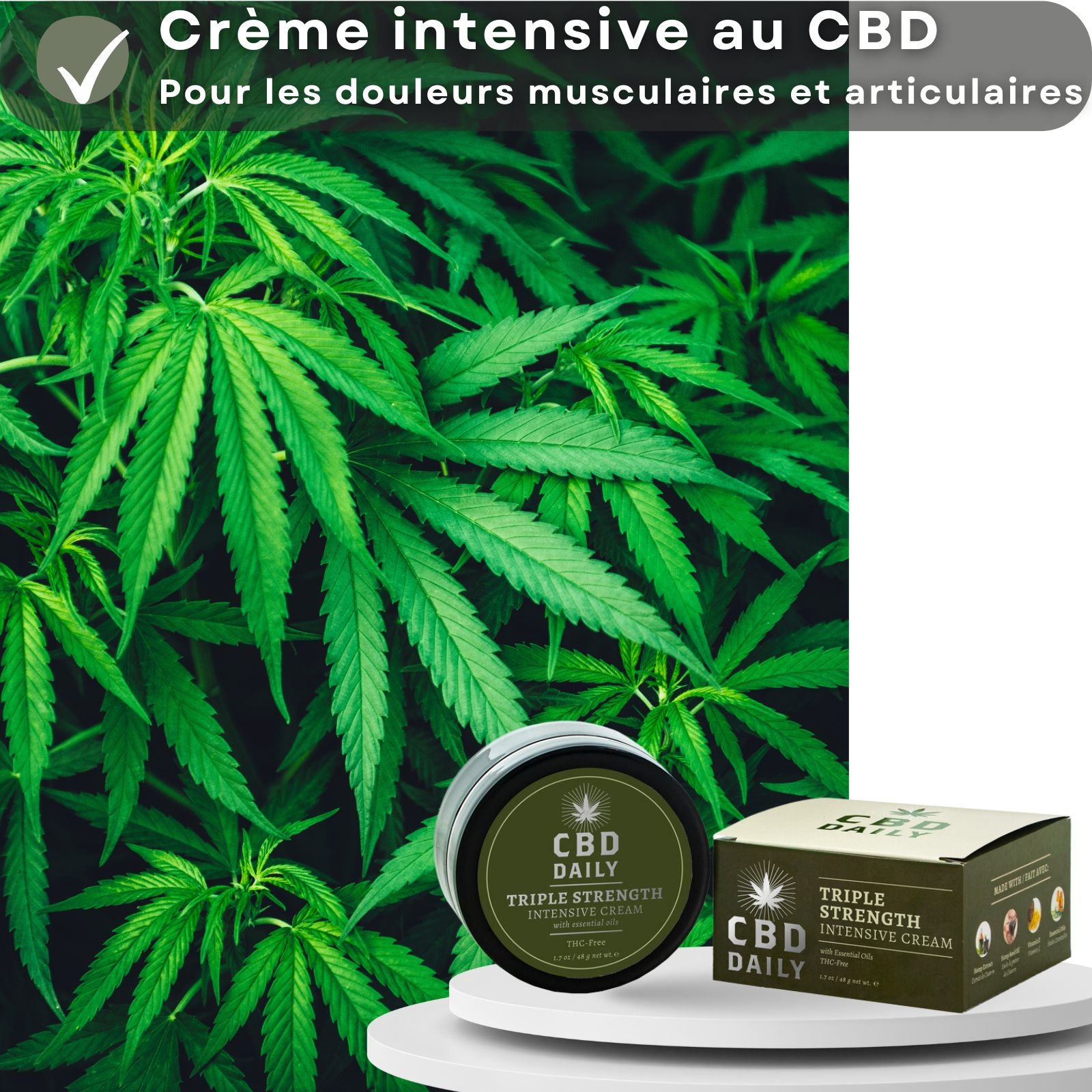 Pot de crème, boîte et feuilles de cannabis. Texte : Crème intensive au CBD pour les douleurs musculaires et articulaires.