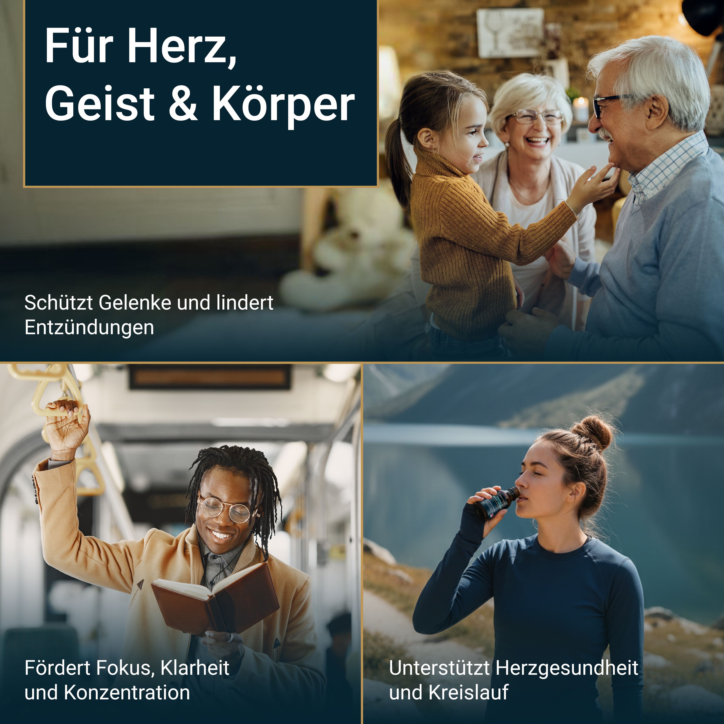 Collage: mensen in verschillende situaties. Tekst: "Für Herz, Geist & Körper". Scènes: bus, lezen, drinken.