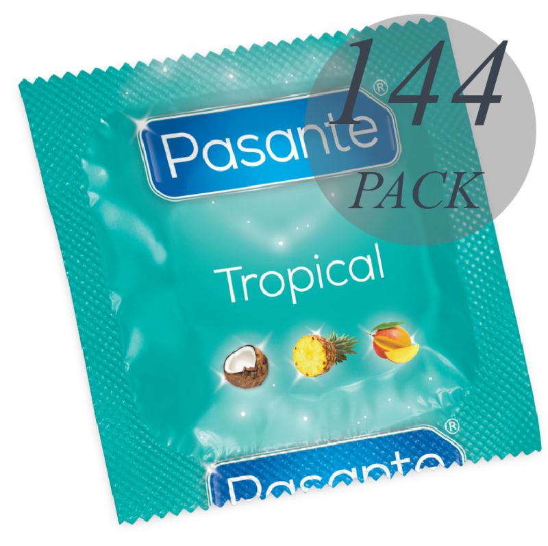Paquet de préservatifs. Inscription: Pasante Tropical. Contient des préservatifs. Marquage CE.