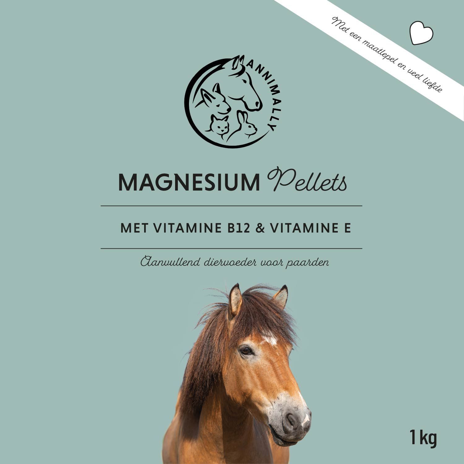 Pot Annimally Magnesium Pellets. Opschrift: Magnesium Pellets, met Vitamine B12 & E. 1 kg.
