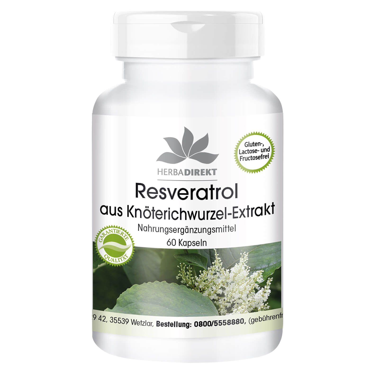 Witte fles met capsules. Opschrift: Resveratrolo, uit knopkruidwortelextract, 60 capsules. Zegel: Glutenvrij, lactosevrij en fructosevrij.