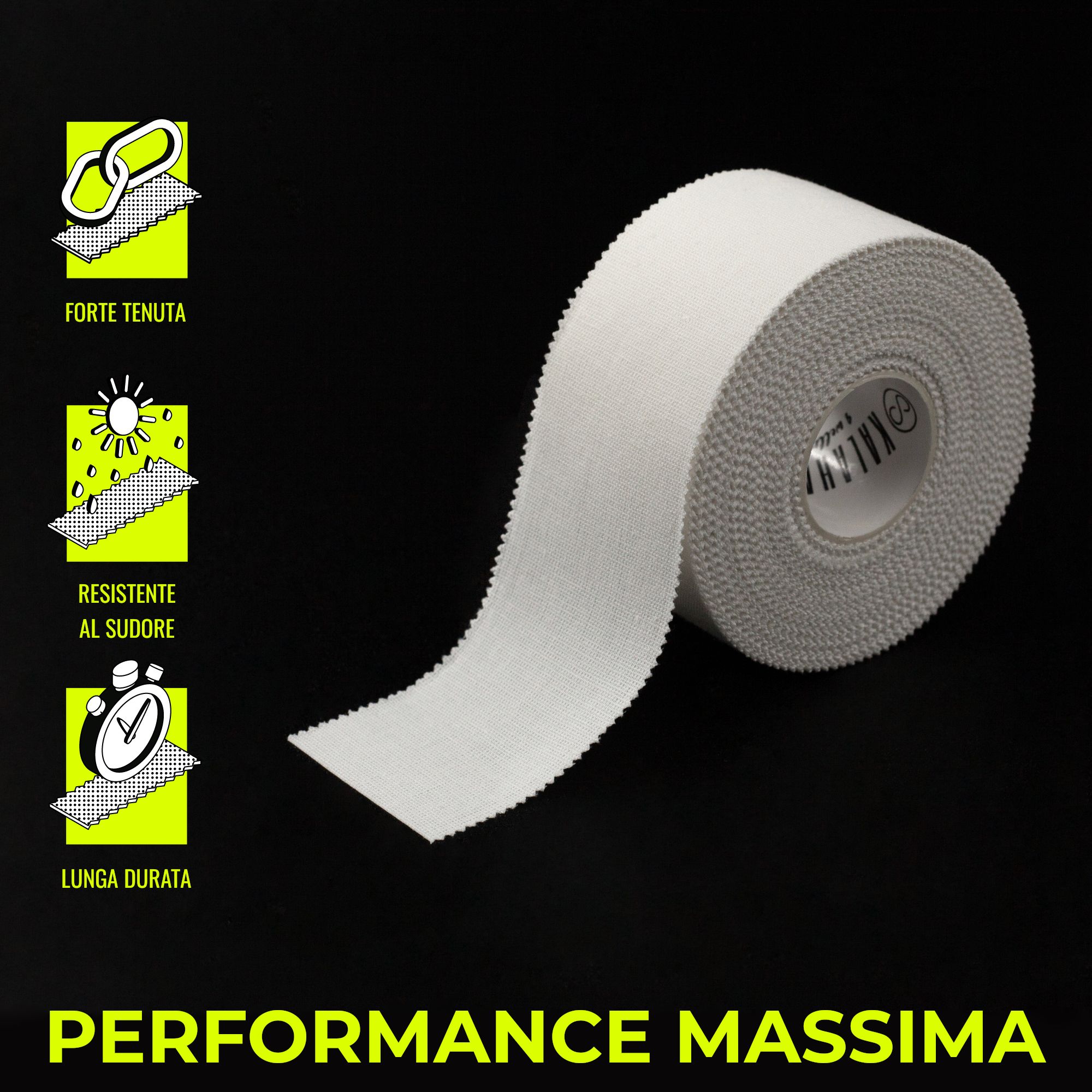 Een rol wit sporttape met iconen voor sterke grip, zweetbestendigheid en lange duurzaamheid.