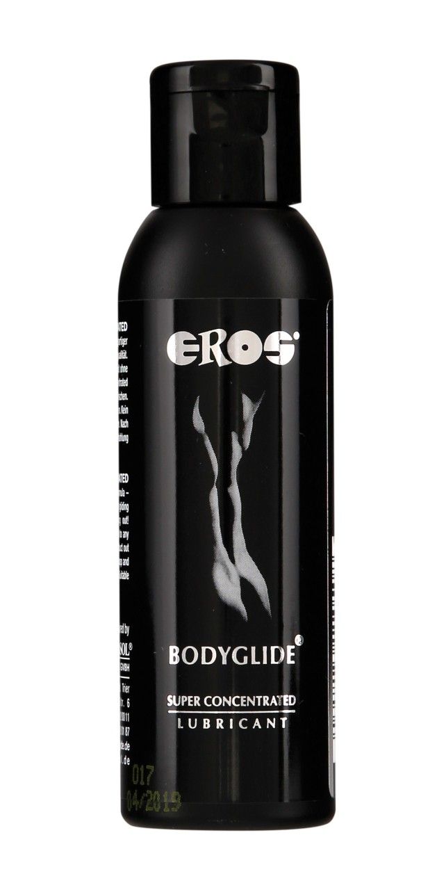 Flacon noir avec EROS Bodyglide Super Concentrated Lubricant. Une silhouette féminine stylisée est représentée.