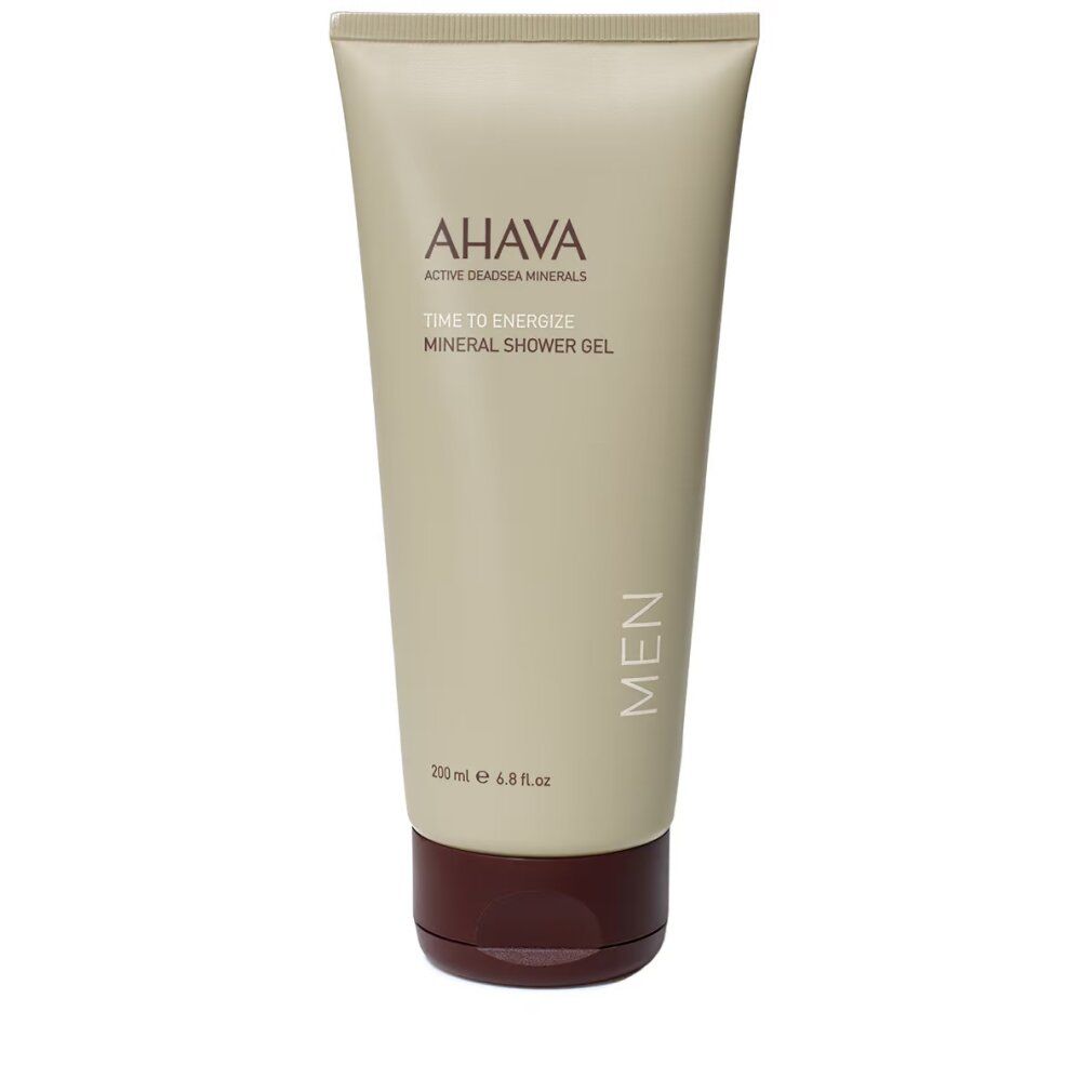 Gel douche Ahava Men dans un tube beige avec bouchon brun foncé. 200 ml.
