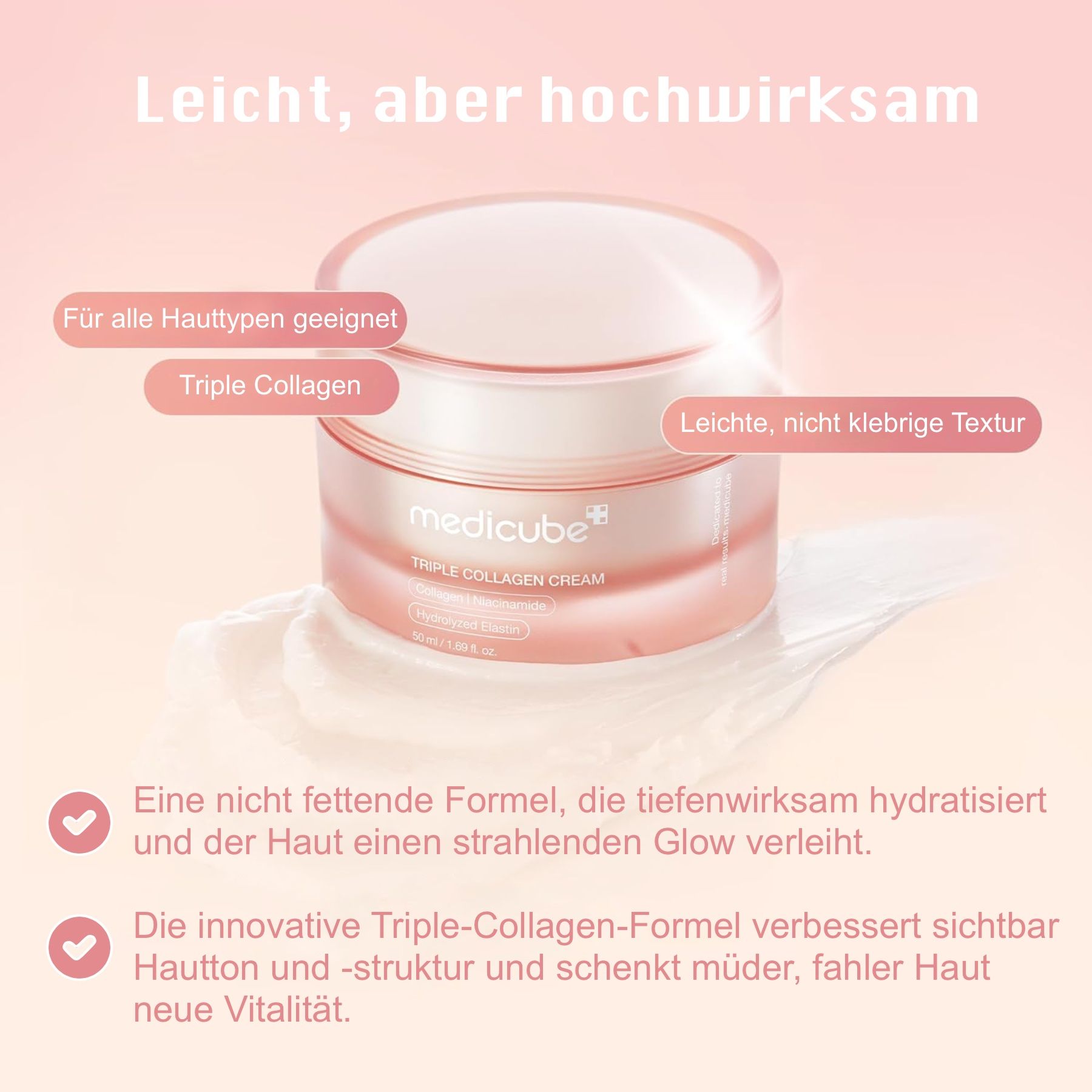 Pot Medicube Triple Collagen Cream entouré d'éléments translucides.