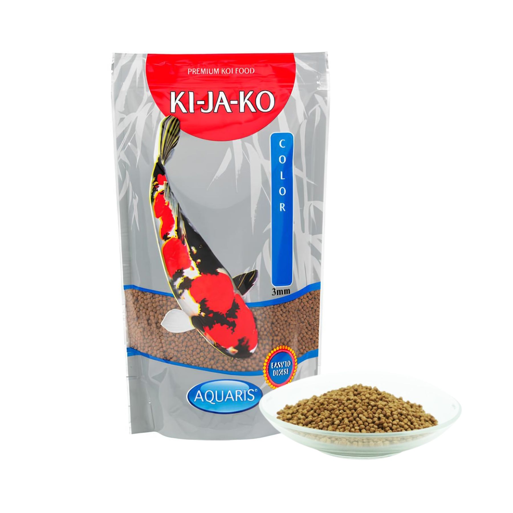Emballage de nourriture pour carpes koï KI-JA-KO Color 3 mm. Une carpe koï est illustrée. Un bol de nourriture à côté.