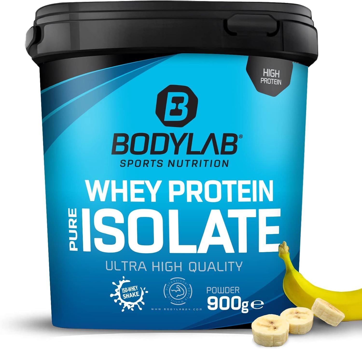 Pot bleu de Bodylab Whey Protein Isolate. Banane et tranches de banane. Texte : Whey Protein Isolate, 900g.