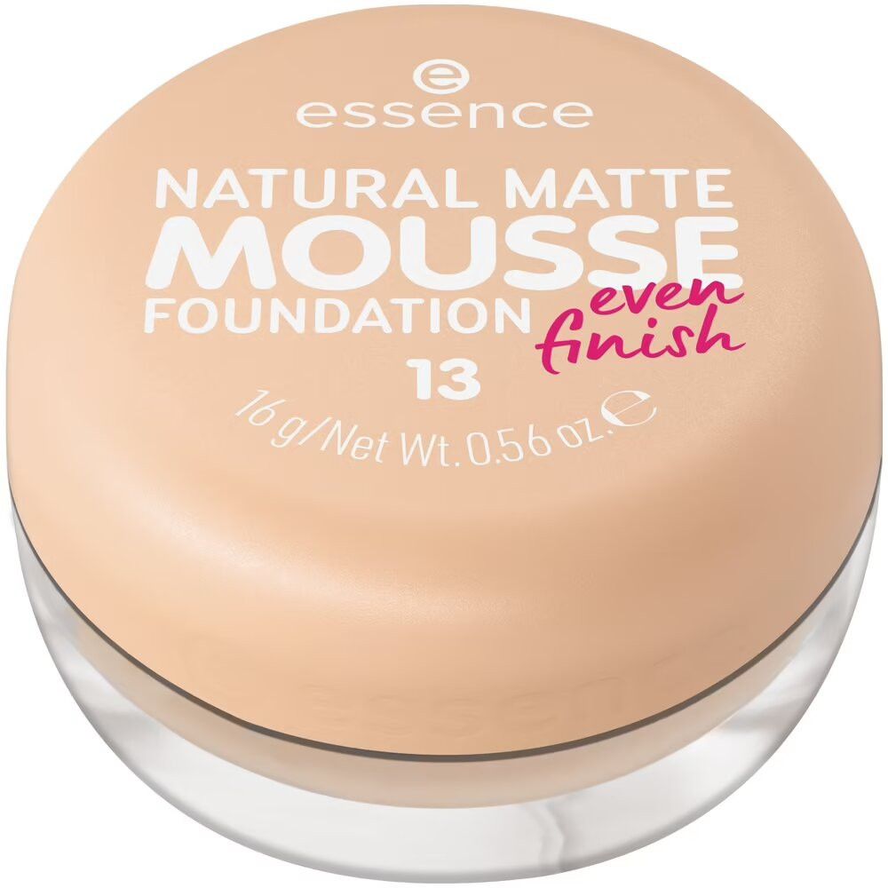 Fond de teint beige en pot de verre avec couvercle. Inscription sur le couvercle : Natural Matte Mousse Foundation, teinte 13.