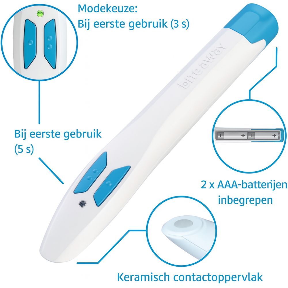 Apparaat met blauwe knoppen en punt. Close-ups van details. 2 batterijen. Keramisch contactoppervlak.