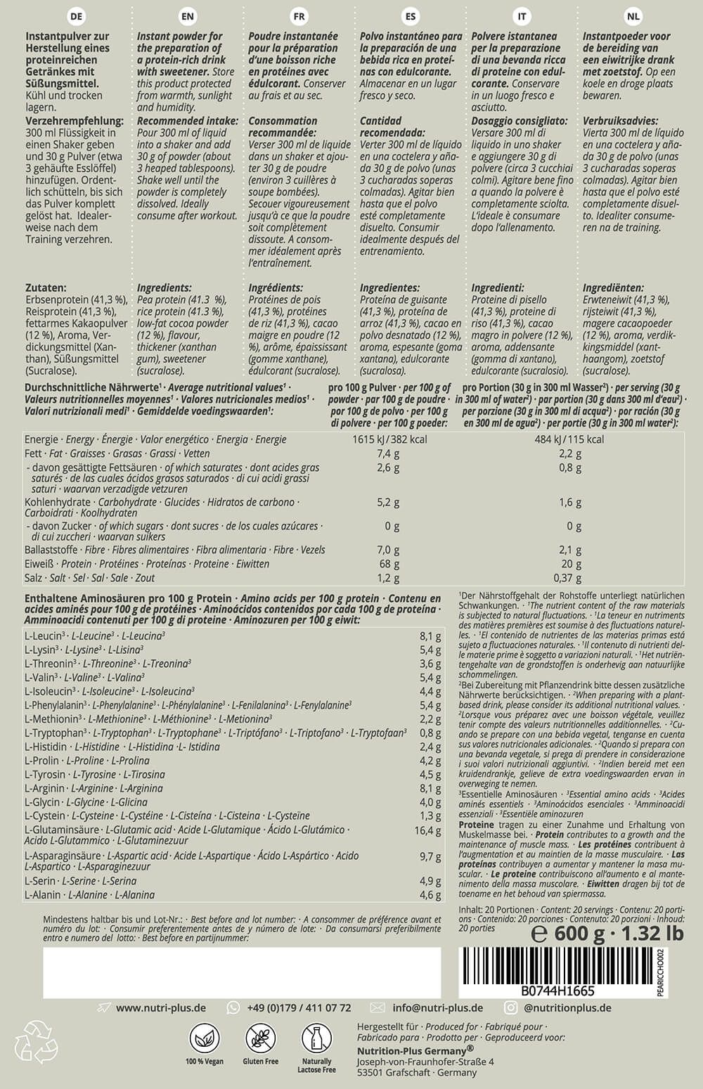 Nutri+ Eiwitpoeder erwten rijst veganistisch - Lean Vhey 2x600g