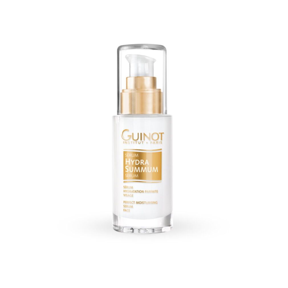 Sérum Hydra Summum Guinot : flacon blanc avec pompe et détail doré.