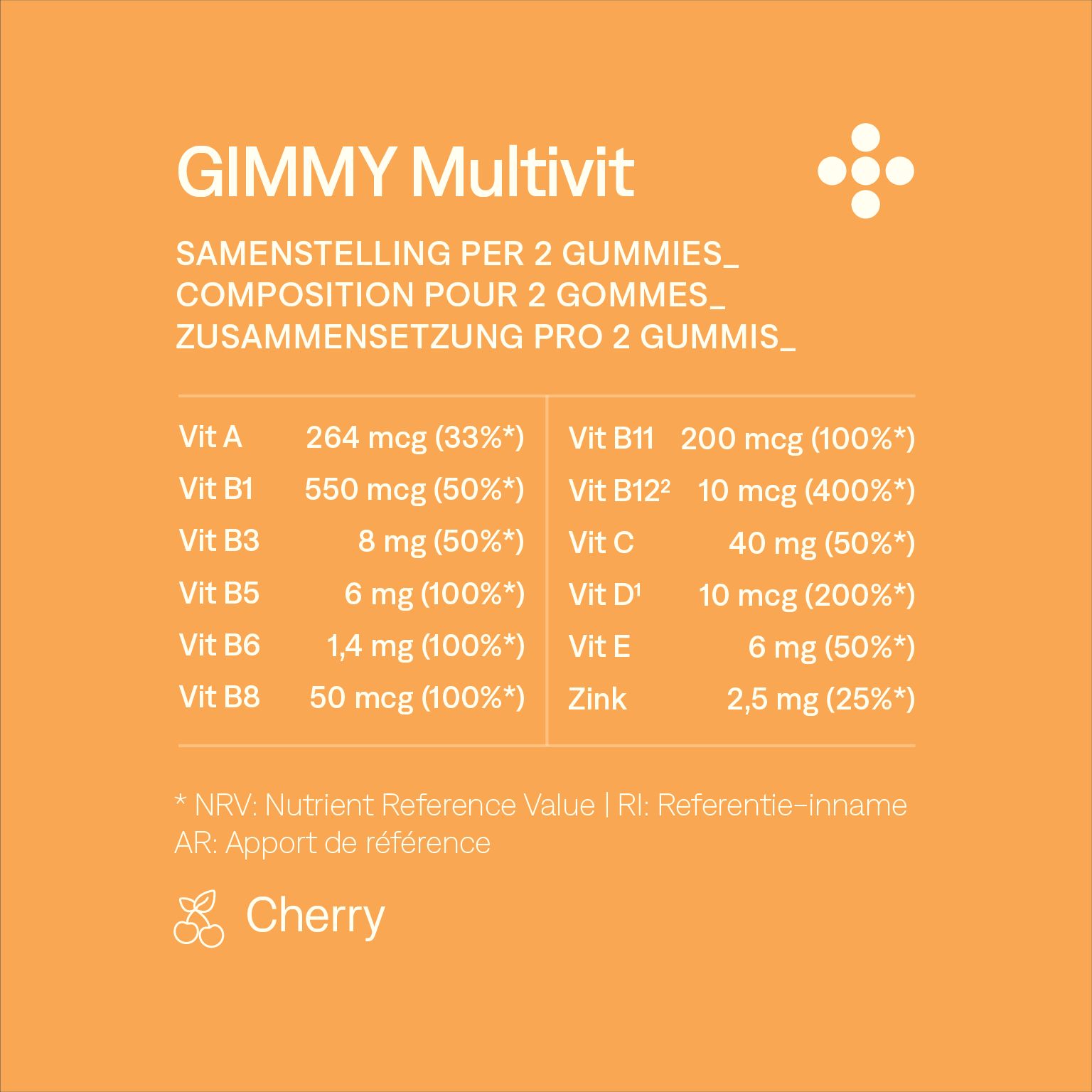 GIMMY Multivit Gummies. Voedingstabel. Samenstelling per 2 gummies. Vitaminen A, B1, B3, B5, B6, B8, B11, B12, C, D, E, Zink.