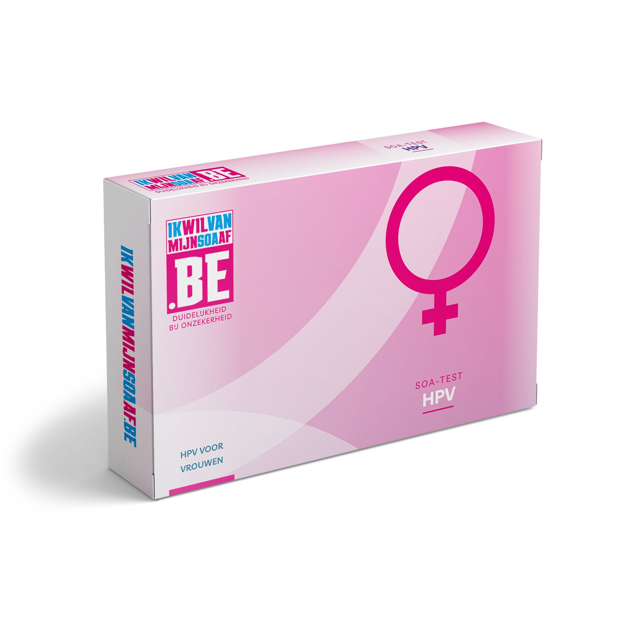 Boîte rose avec texte 'IK WIL VAN MIJNSOAA AF'. Test HPV pour femmes. Symbole féminin. Vue en perspective.