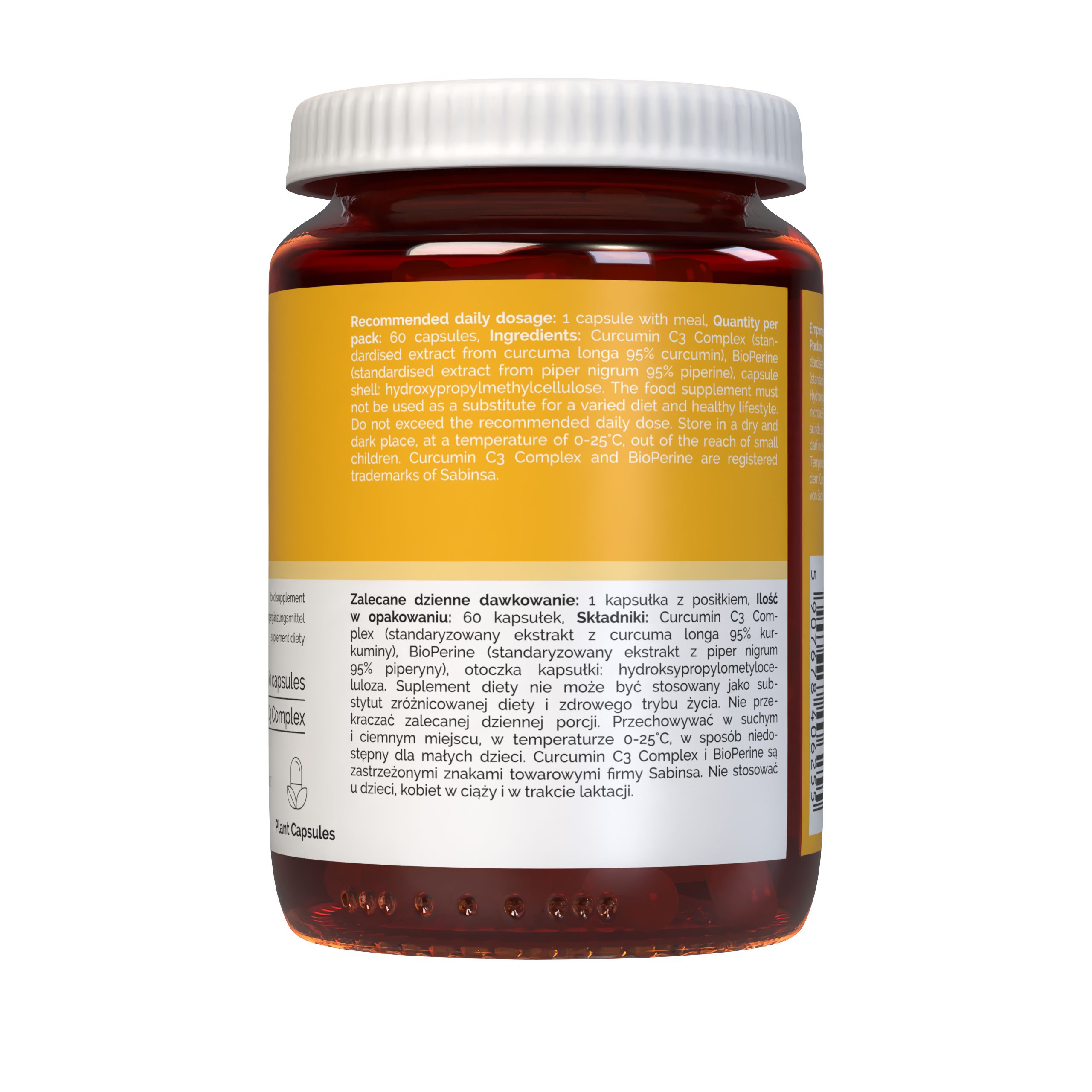 Achterkant van een Vitaler's Curcumin + Piperine capsulefles met productinformatie en ingrediënten.