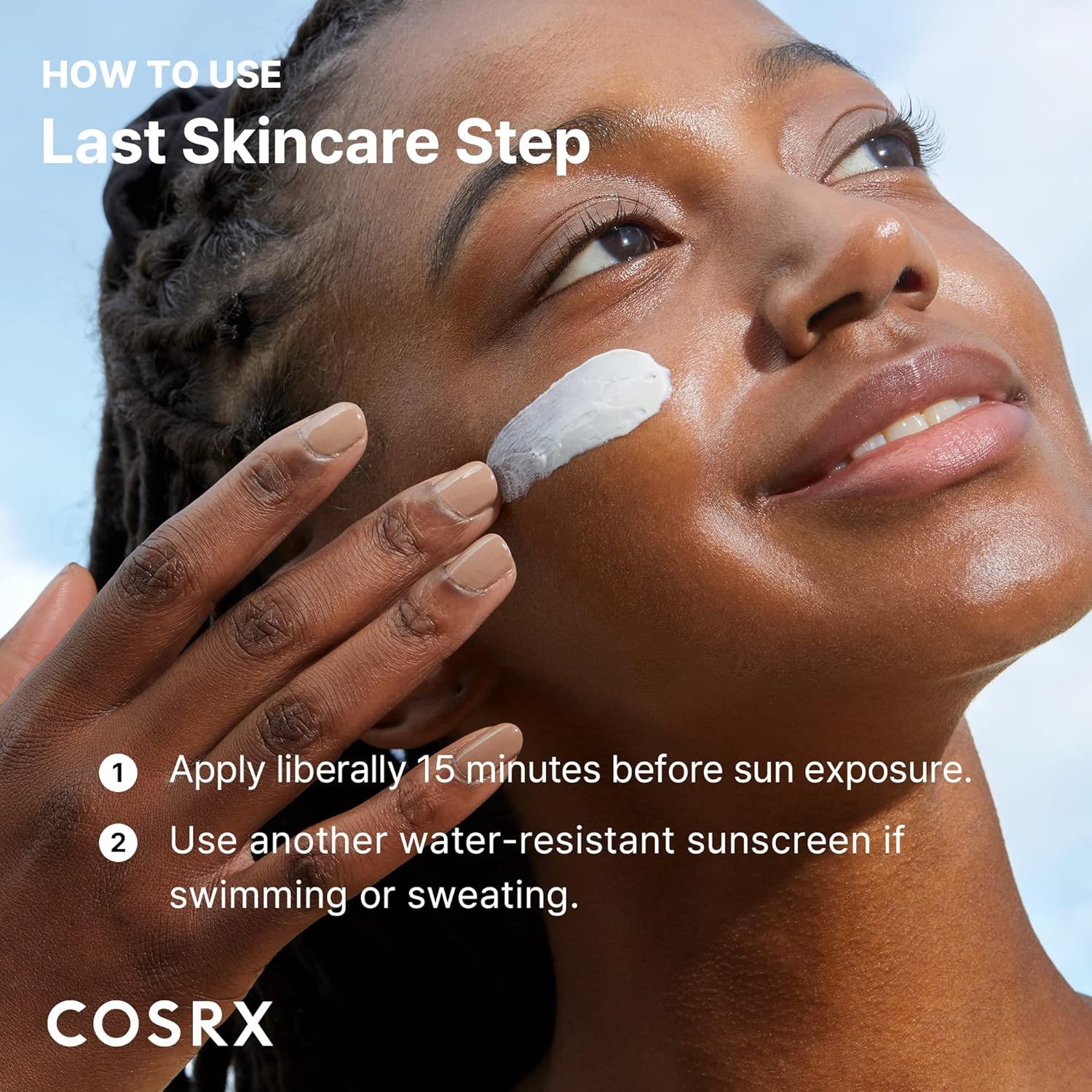 Femme appliquant de la crème solaire. Texte: How to use, Last Skincare Step. Marque COSRX. Instructions.