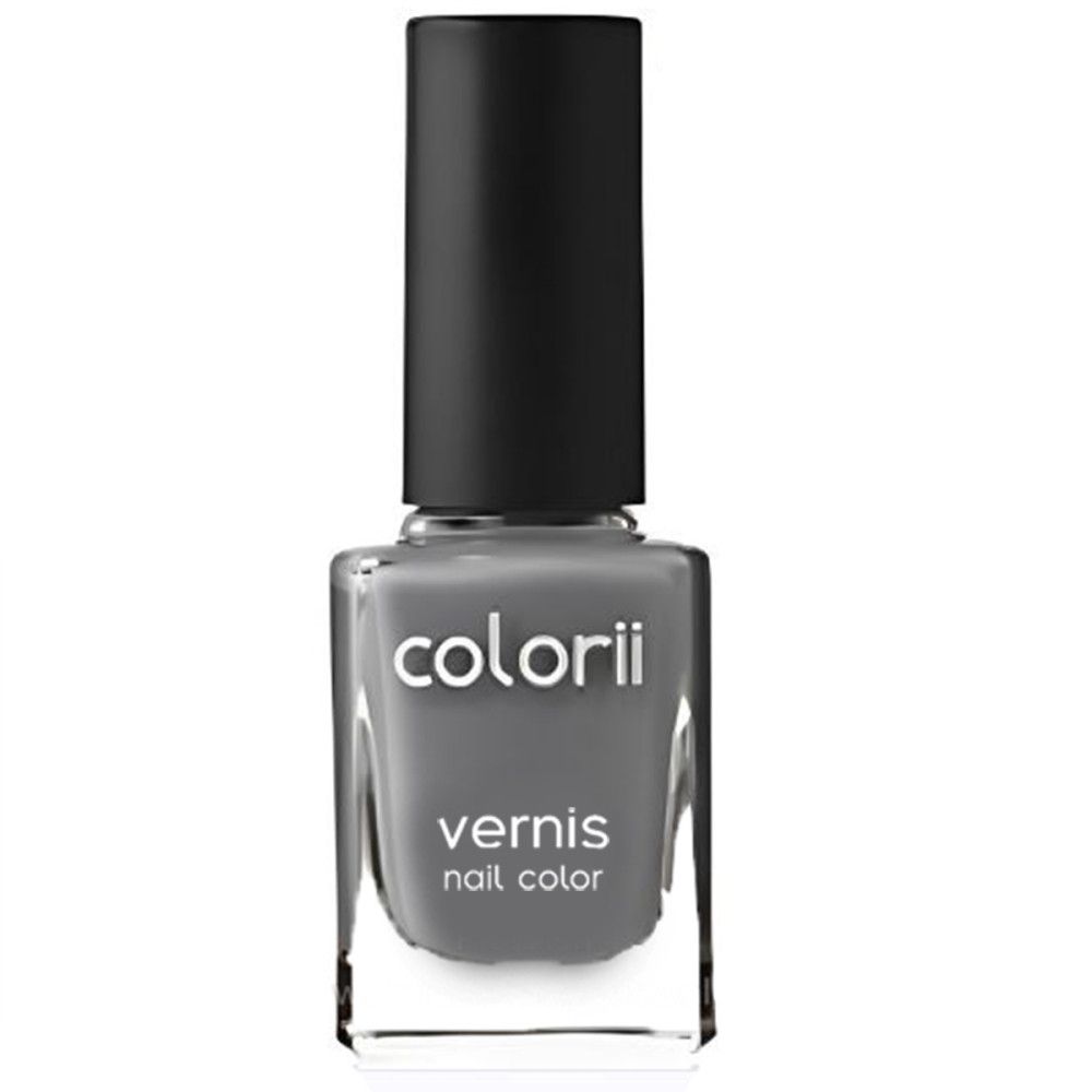 Flacon de vernis à ongles gris avec bouchon noir. Inscription : colorii, vernis, nail color.