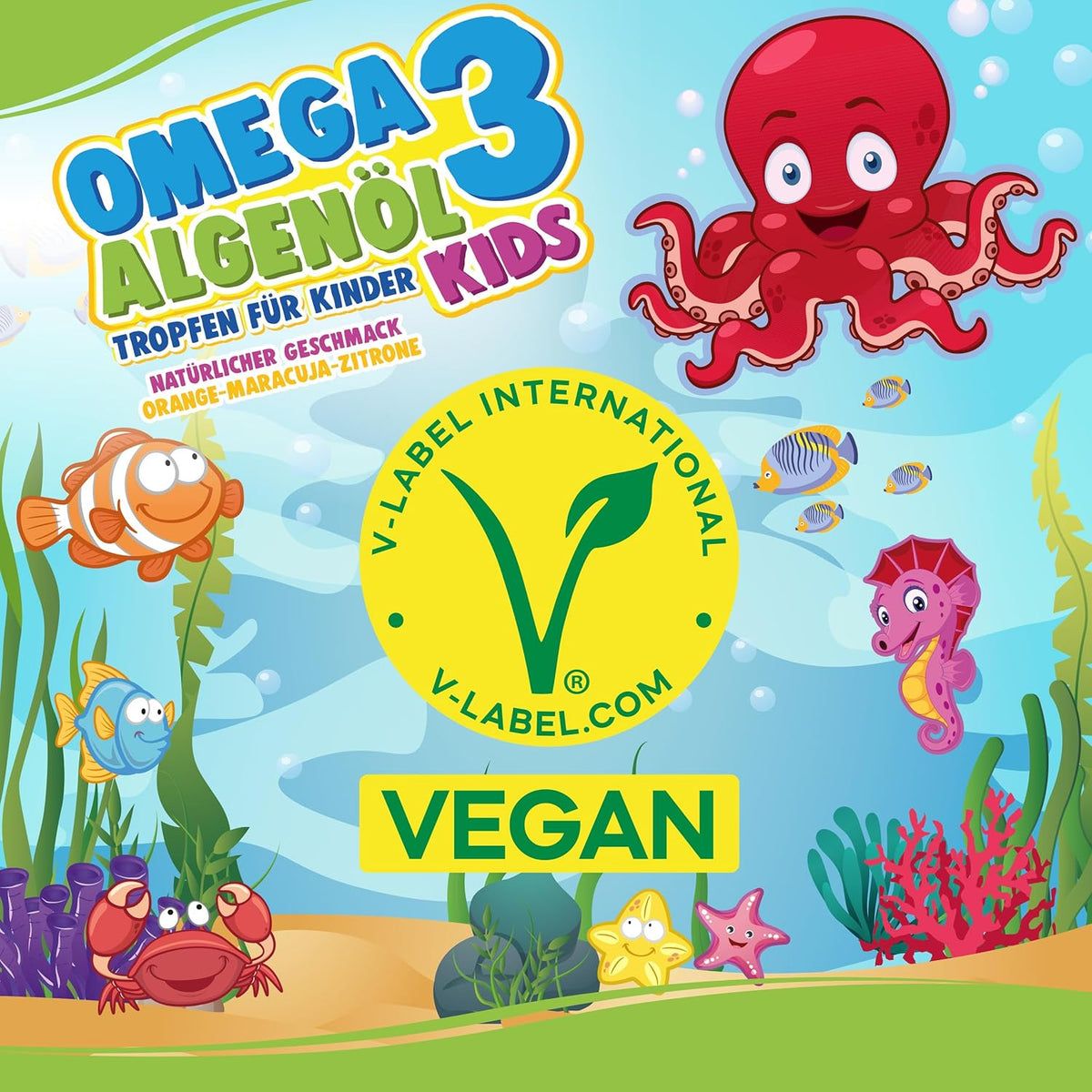 Illustration avec motifs marins et une pieuvre. Texte : Omega 3 Algenöl KIDS. Label végan. V-Label.
