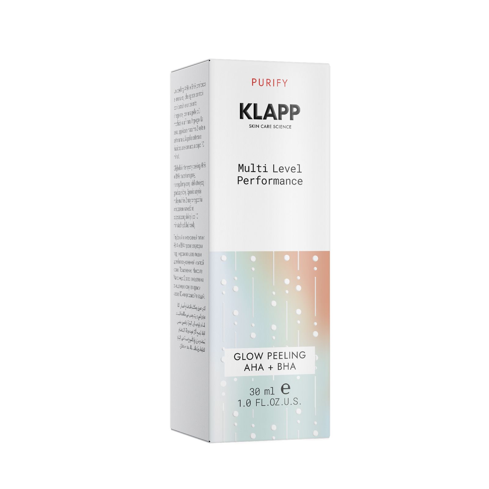 Boîte Klapp. Inscription: PURIFY, Multi Level Performance, GLOW PEELING AHA+BHA. Dégradé de couleurs pastel. 30 ml.