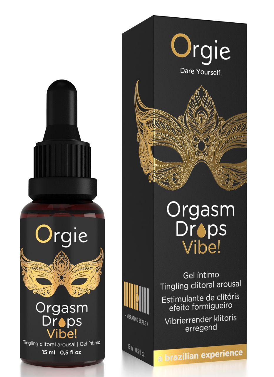 Flacon et boîte Orgie Orgasm Drops Vibe!. Boîte et flacon noirs avec masque doré.