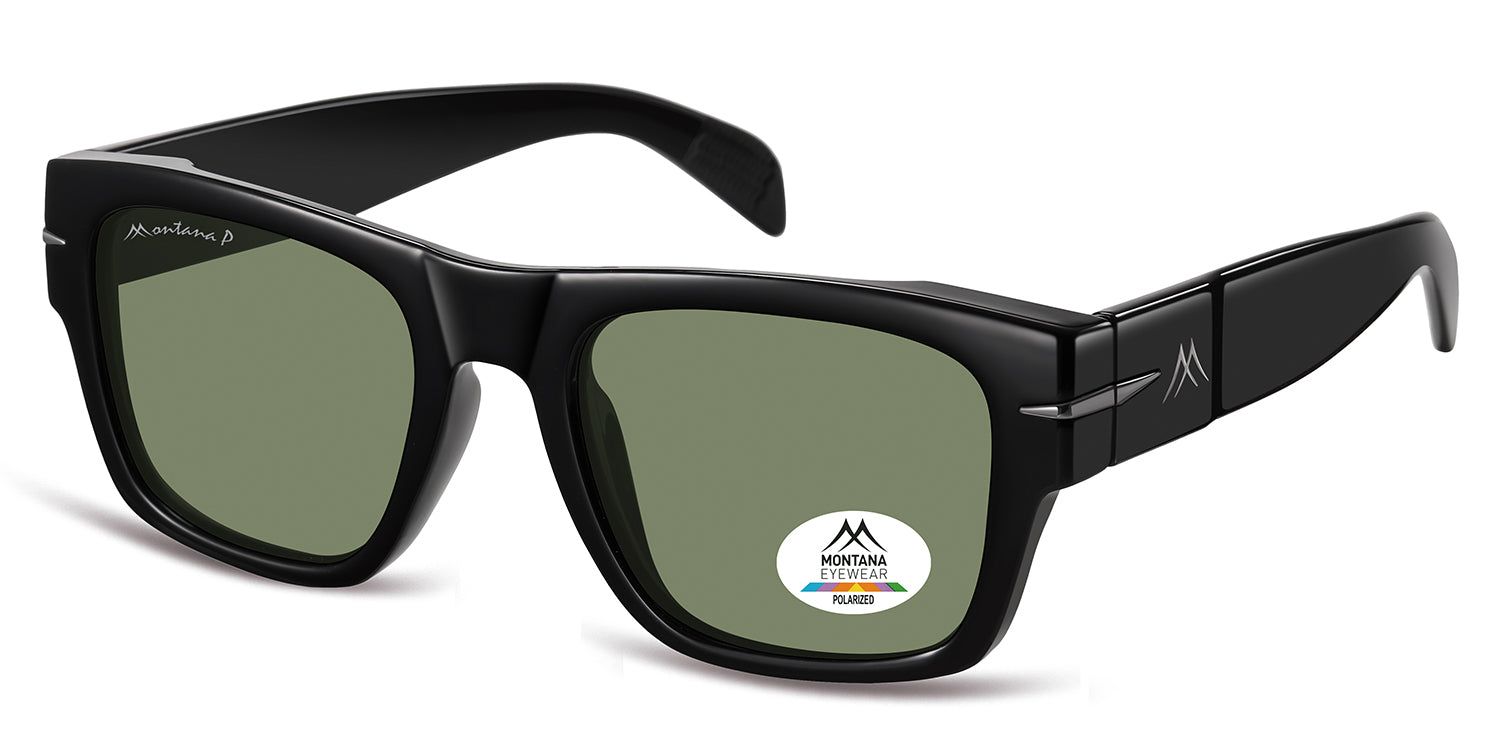 Zwarte zonnebril, rechthoekige glazen. Montana Eyewear logo op poot. Gepolariseerde glazen.