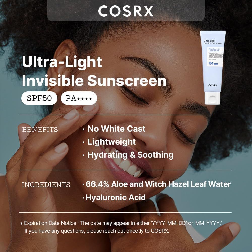 Visage d'une femme avec image du produit. Texte: Ultra-Light Invisible Sunscreen SPF50 PA++++. Avantages: Sans effet blanc, léger, apaisant.
