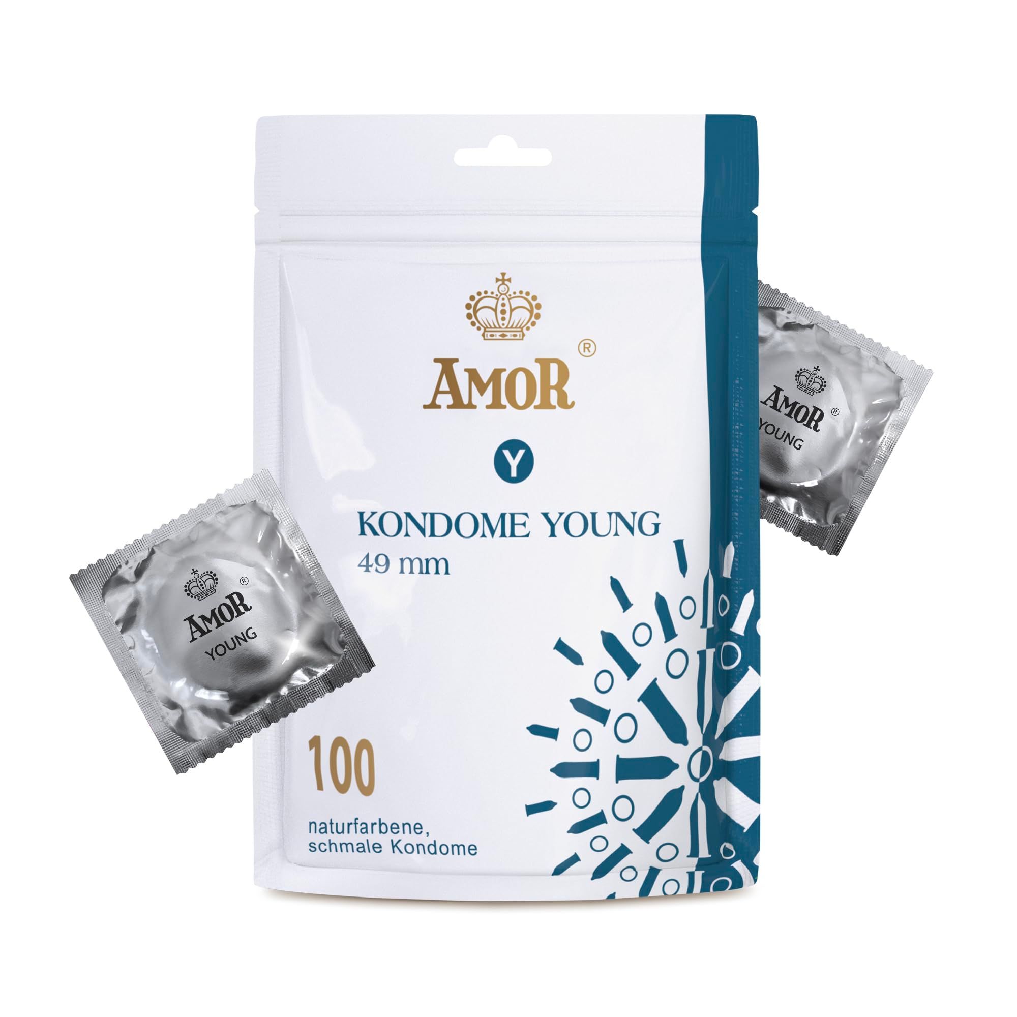 Pack de 100 préservatifs Amor Young, diamètre 49 mm, couleur naturelle, fin.