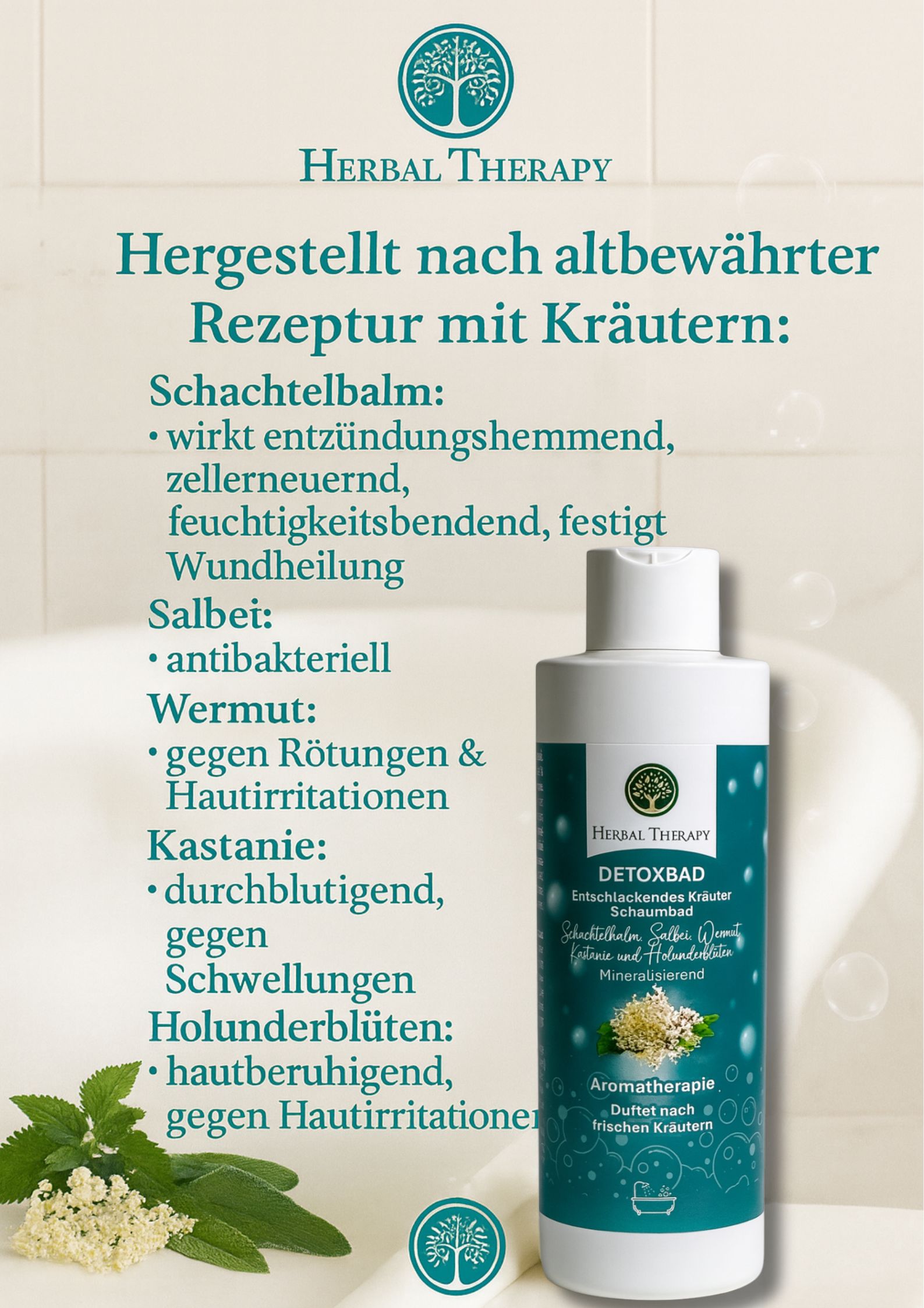 Bouteille verte avec bouchon blanc. Étiquette avec nom du produit, herbes et logo. Texte: Detoxbad, bain moussant aux herbes, aromathérapie. Illustrations d'herbes.