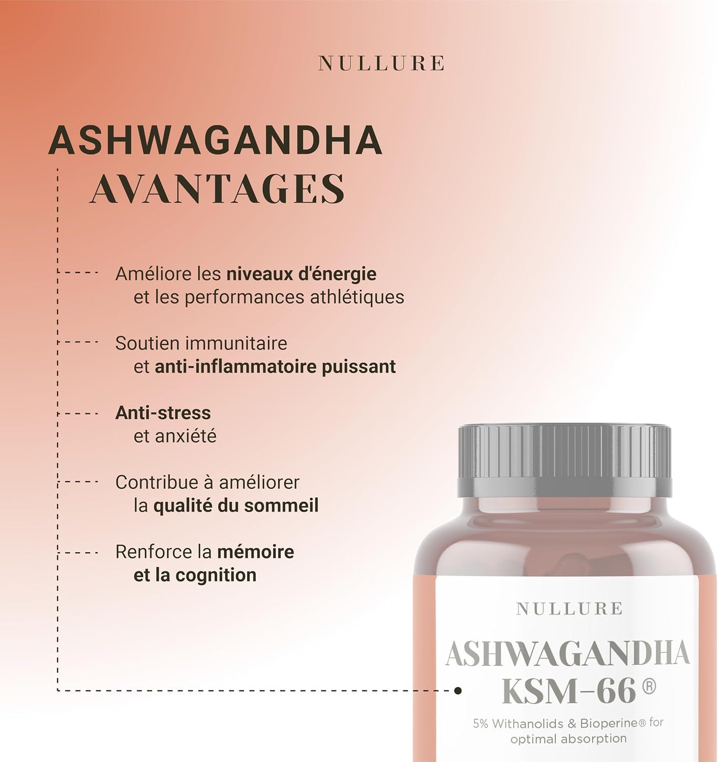 Bouteille de capsules Ashwagandha KSM-66. Avantages : Énergie, immunité, anti-stress, sommeil, mémoire.