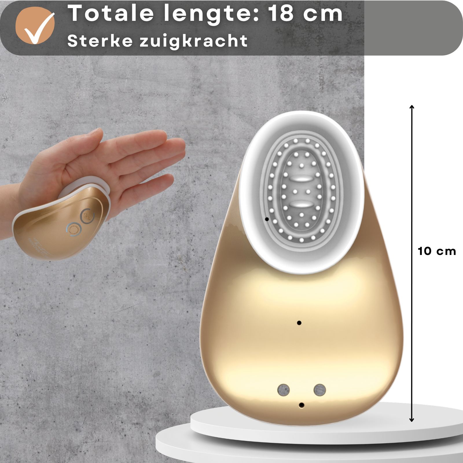 Gouden vibrator met witte zuigkop, 4 zuigstanden, oplaadbaar via USB.
