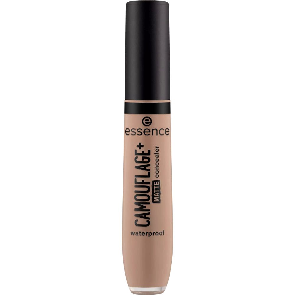 Tube de correcteur beige avec bouchon noir. Inscription: CAMOUFLAGE+ matte concealer, waterproof. Marque: essence.