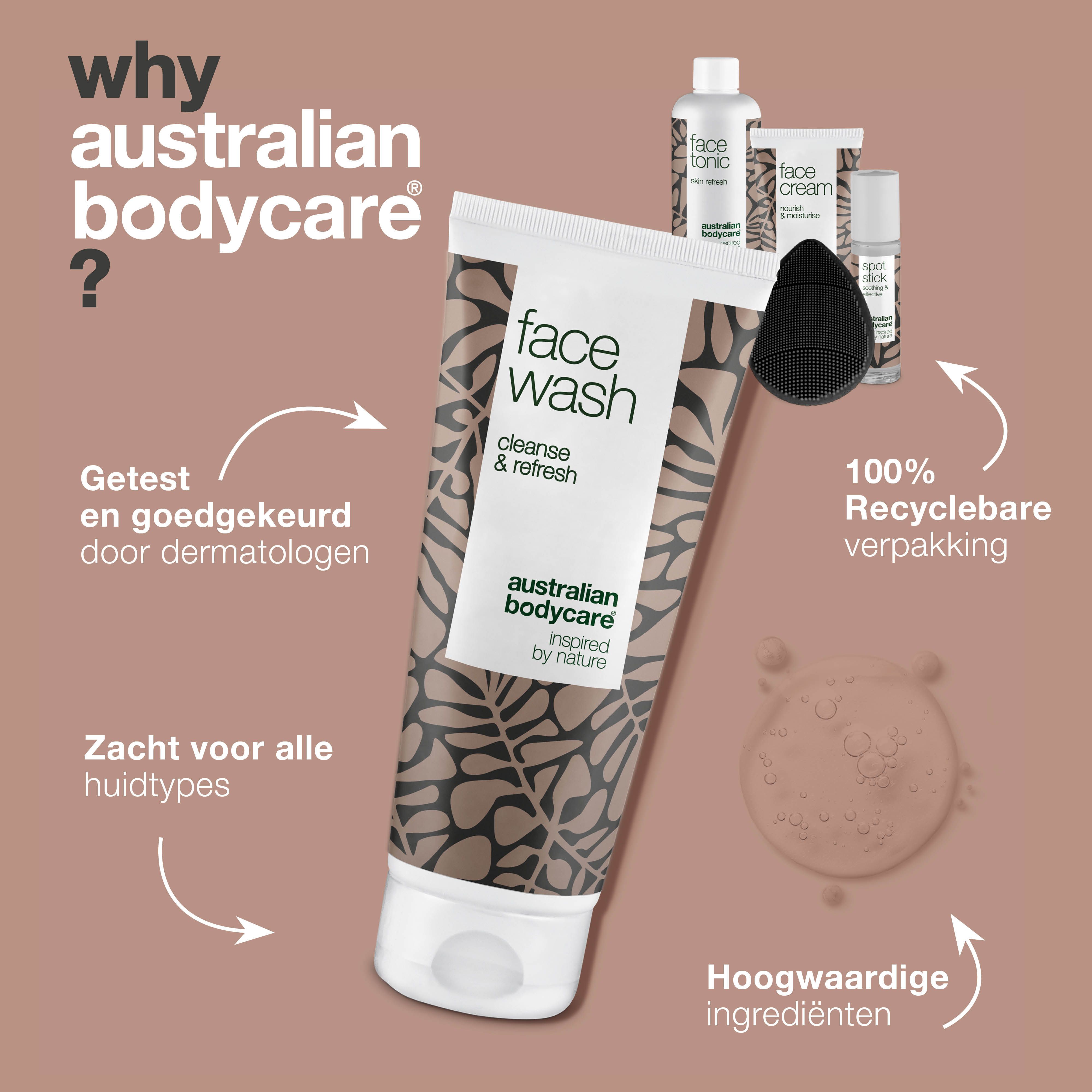 Gezichtsset met Face Wash. Tekst: Getest en goedgekeurd door dermatologen. Zacht voor alle huidtypes.