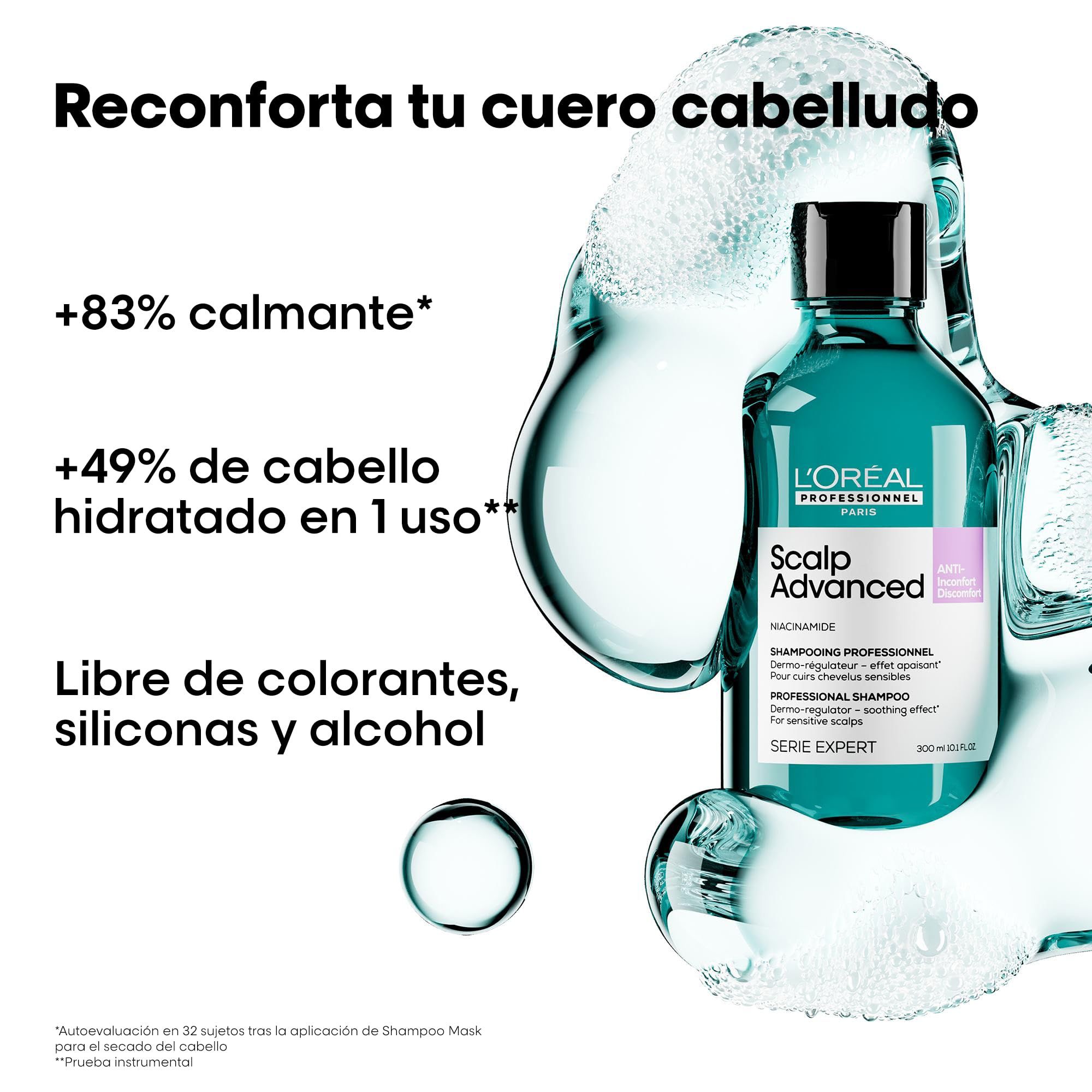 Turquoise fles met zwarte dop. Tekst: L'Oréal Professionnel Scalp Advanced. Schuimeffect en aanvullende tekstinformatie.