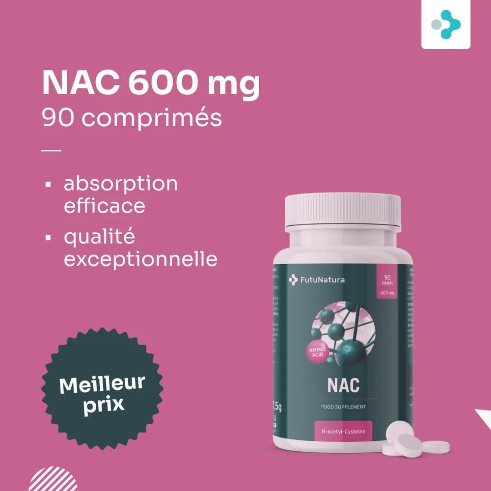 Flacon de comprimés. Inscription NAC 600 mg, 90 comprimés. Texte: Absorption efficace, qualité exceptionnelle. Meilleur prix.