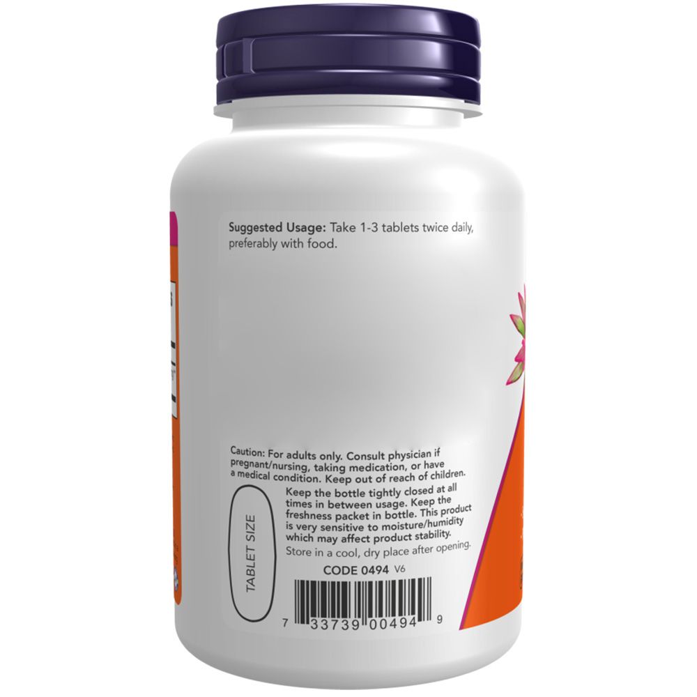 Dos d'un flacon blanc, bouchon violet. Étiquette avec informations produit, dont 'Tablet Size' et code-barres. Fond orange.
