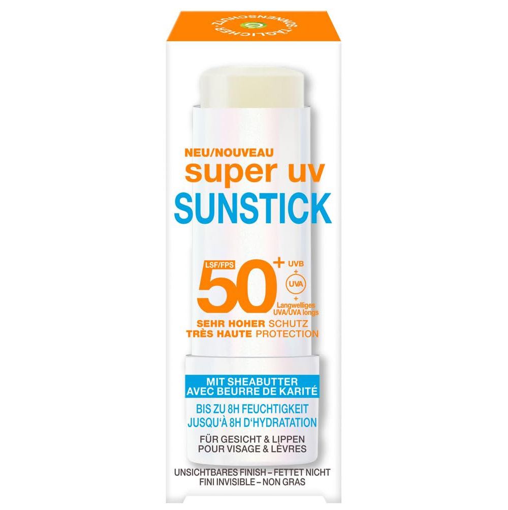 Garnier Ambre Solaire Super UV Sunstick. Bâton blanc avec lettrage bleu et vert. Texte: SPF 50+, très haute protection. Avec beurre de karité.